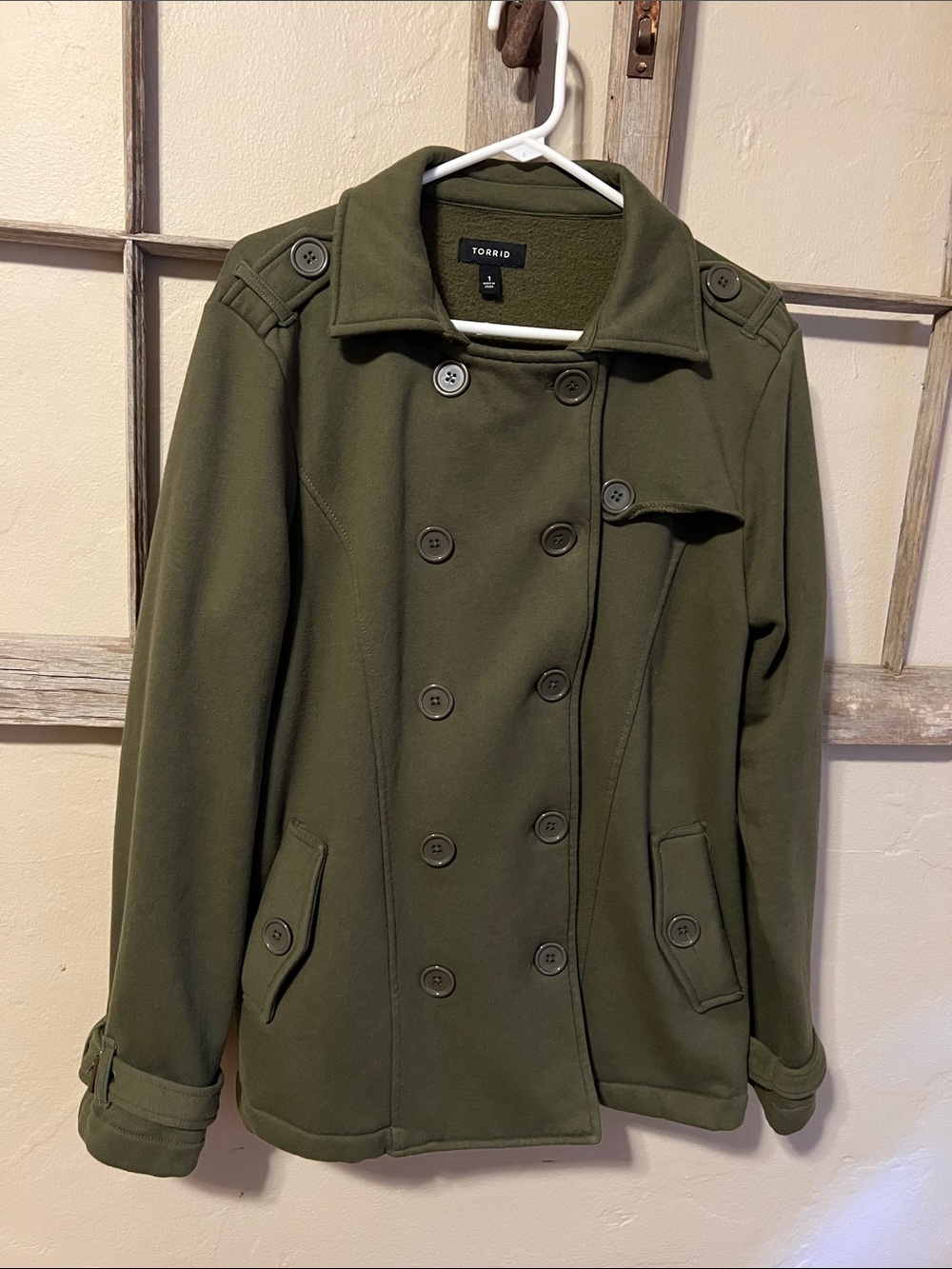 Torrid Sz 1  Olive Green Double-Breasted Military-Style Pea Coat